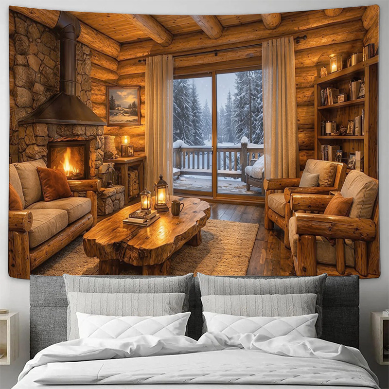 Interior Design Home Decor - 아늑한 목조 오두막 벽난로 인테리어 벽