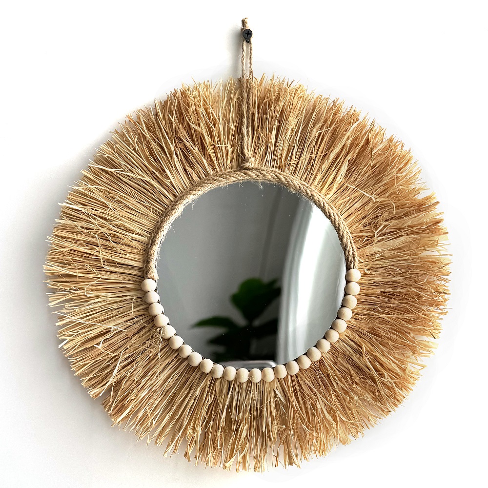 Rattan Mirror Round - 수제 Boho 라피아 거울 벽 장식
