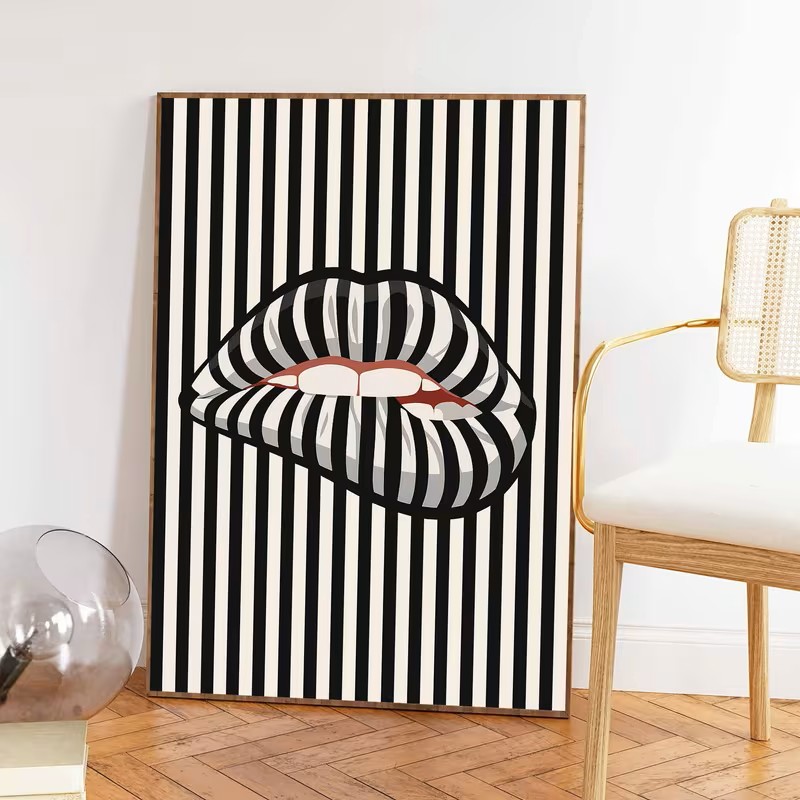 간단하고 추상적인 줄무늬 입술 모양의 캔버스 포스터 아 - Interior Design Home Decor 리뷰 및 가격